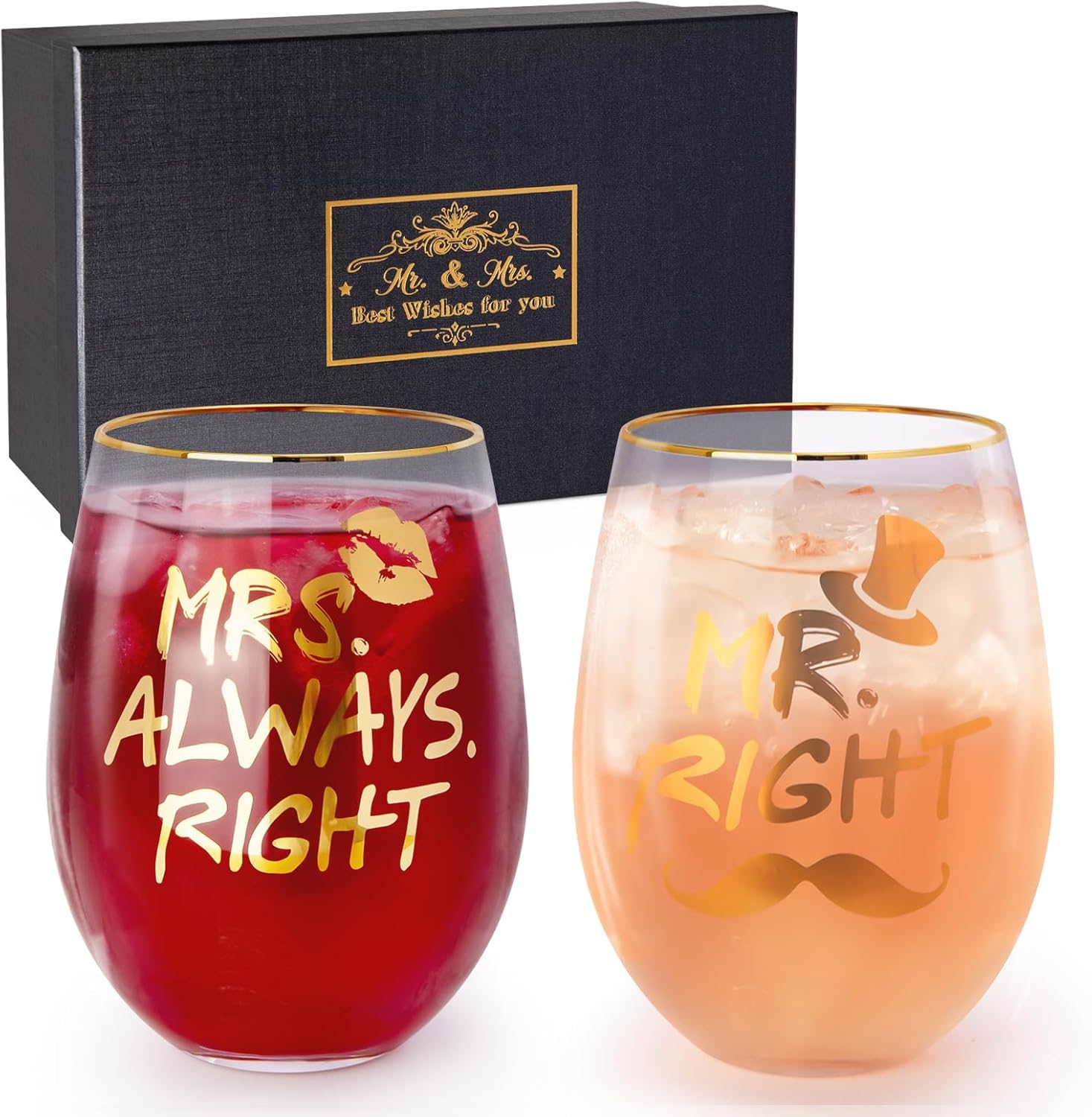 Wedding Gifts for Couples, Bridal Shower Gifts, Mr and Mrs Wine Glasses, Anniversary Gngagement Gift for Bride and Groom, Newlyweds, His and Hers, 2-18Oz Wine Glasses with Luxury Gift Box