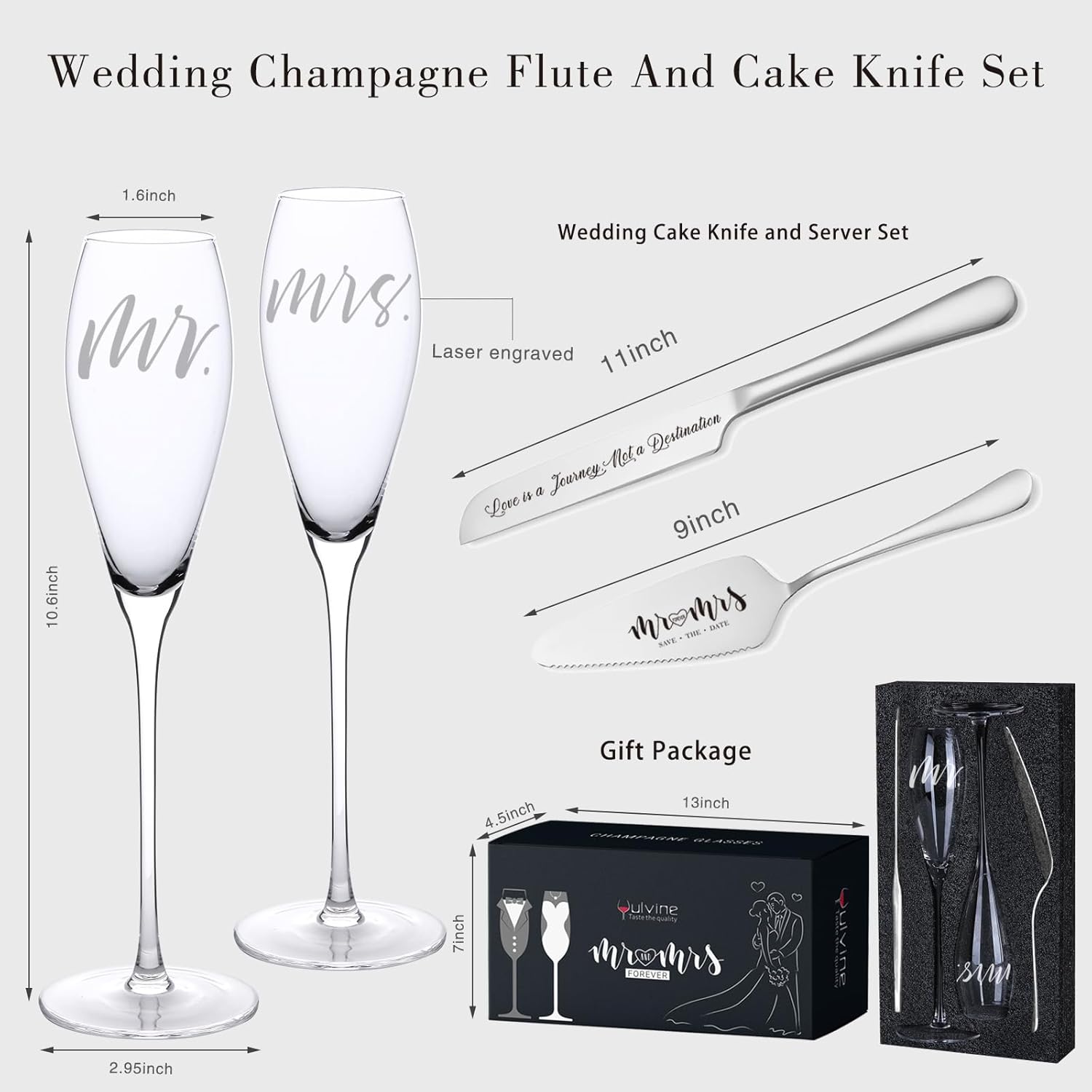 Engraved Mr and Mrs Champagne Flutes Wooden Sign,Wedding Toasting Glasses for Bride and Groom,Cake Knife and Server Set Just Married Banner for Couple Reception Ceremony