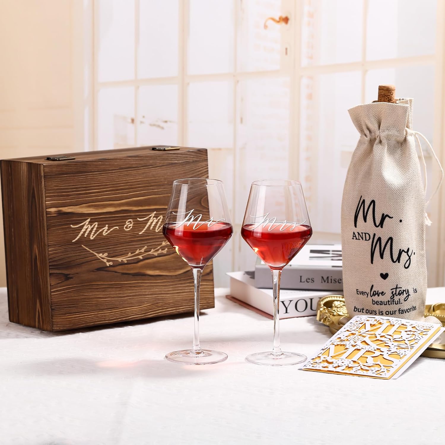 Wedding Gifts Mr and Mrs Wine Glasses, Bridal Shower Engagement Gifts for Couples,Wedding Glasses for Bride and Groom, Memory Keepsake Box, Wine Bag, Greeting Card