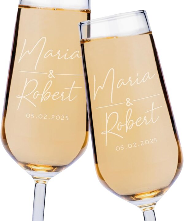 GIFTBYGIFTY Personalized Wedding Champagne Flutes for Bride and Groom - Set of 2, 7 oz, 2 Designs - Champagne Glasses for Engagement with Your Names and Date - D1