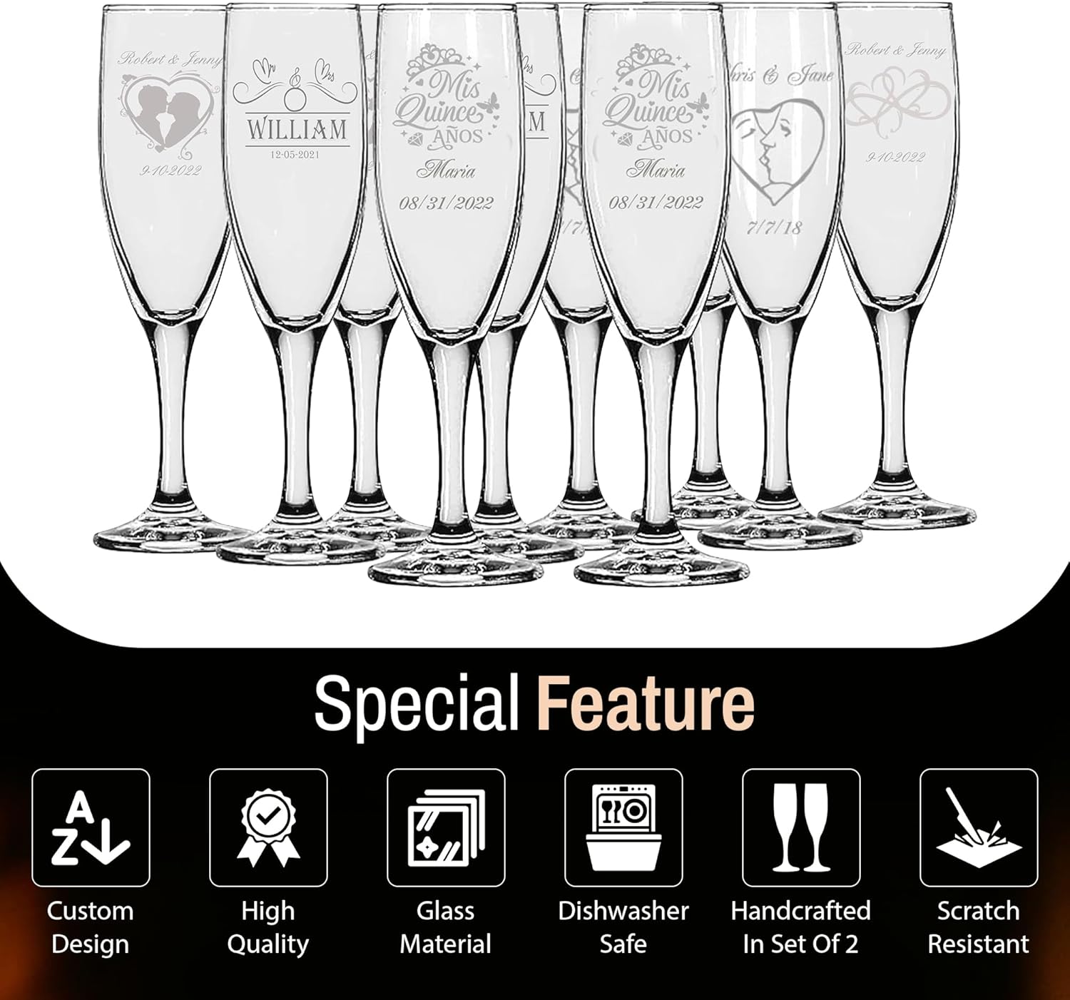 GIFTS INFINITY Engraved Double Heart Champagne Flutes Set of 2 Personalized Elegant Toasting Glasses for Weddings, Anniversaries, Romantic Celebrations, Valentines Day, and Special Moments(Fl-12)