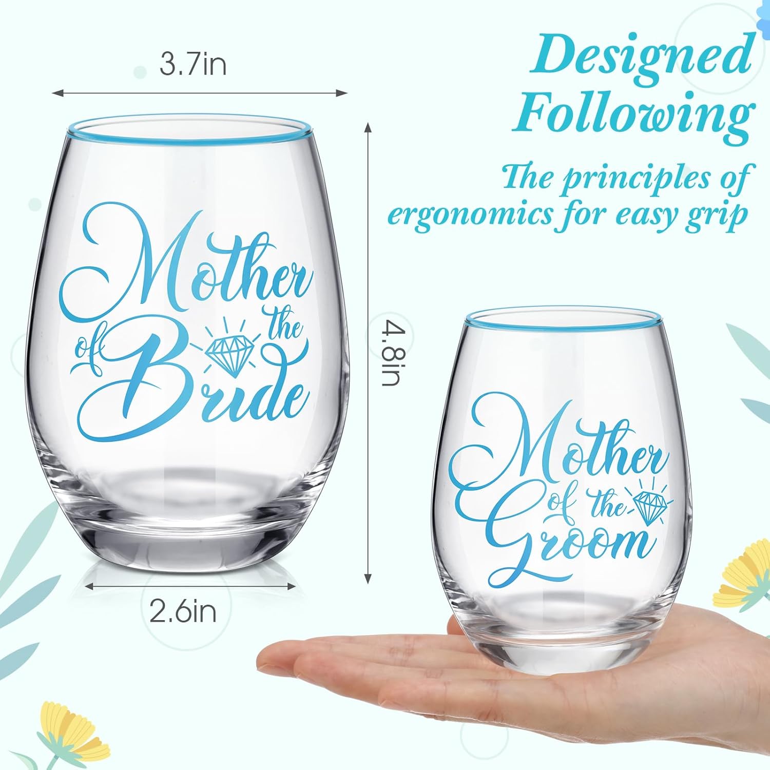 2 Pcs Mother of the Bride and Groom Gifts Wine Glasses Drink Cup 15 Ounce Stemless Wedding Toasting Glass Tumbler Wedding Proposal Gift for Mother (Blue)