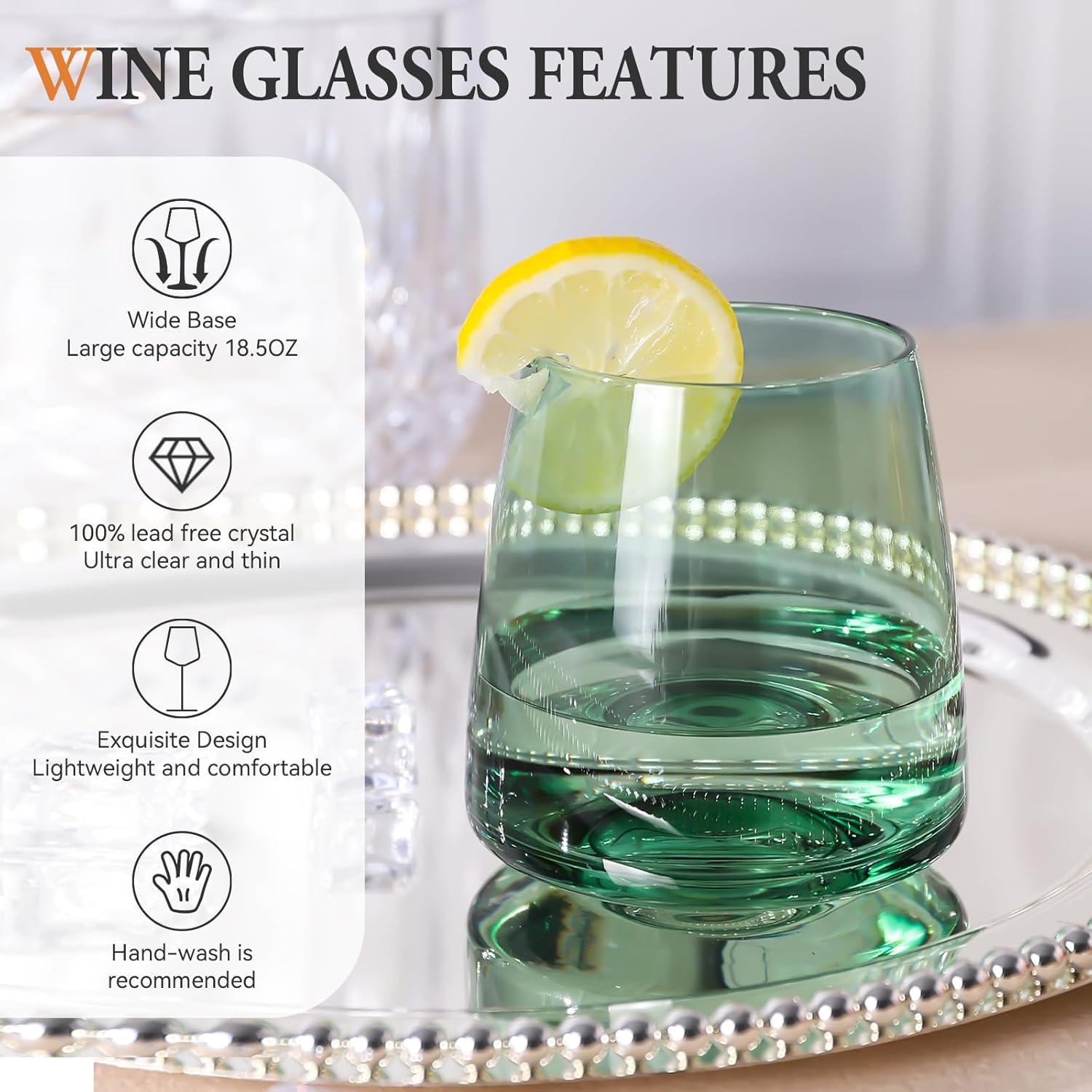 Stemless Colored Wine Glasses Set of 6-14oz Crystal Colorful Wine Glasses-Unique Hand Blown Muticolor Wine Glass Wedding gift set for wine lovers