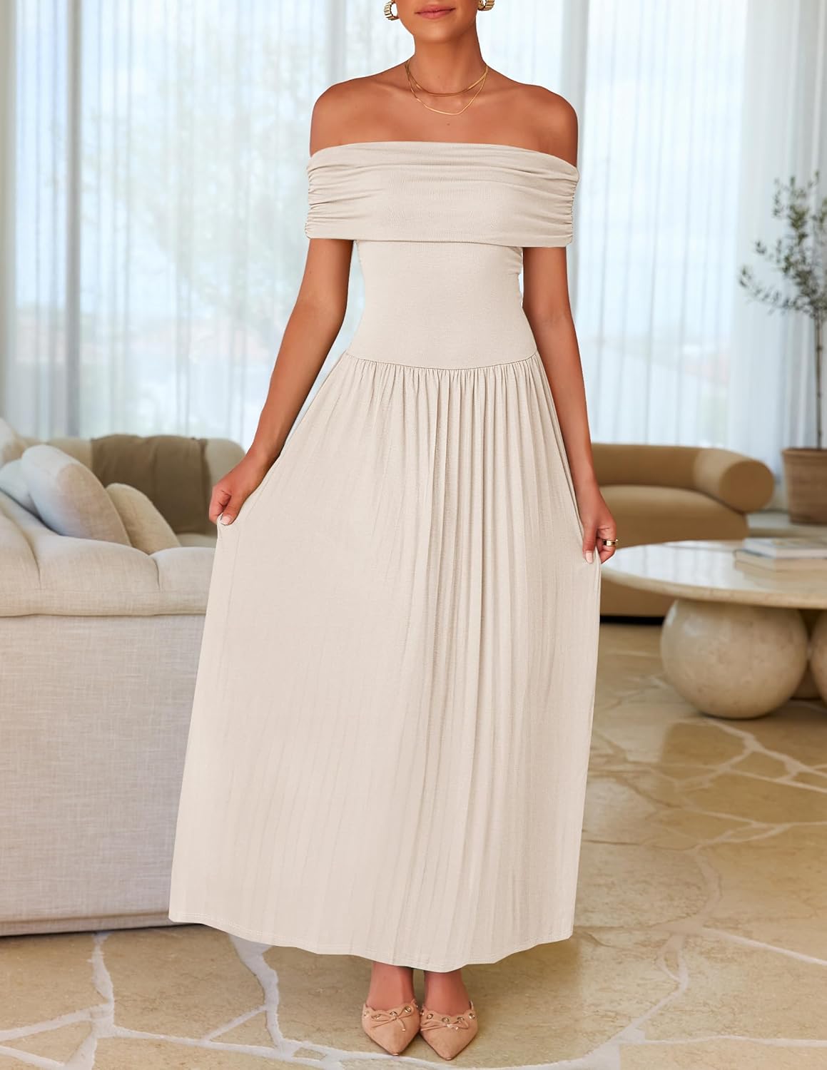 ZESICA Women’s Off The Shoulder Maxi Dress 2025 Summer Sleeveless Casual Slim Swing Pleated Formal Party Dresses