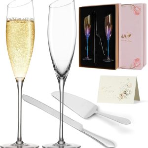 Bride and Groom Champagne Glasses Set of 2,Wedding Gifts for Couples 2025, Iridescent Crystal Wedding Champange Flutes and Cake Server Sets Engagement Newlyweds-6oz