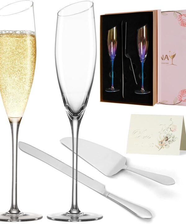 Bride and Groom Champagne Glasses Set of 2,Wedding Gifts for Couples 2025, Iridescent Crystal Wedding Champange Flutes and Cake Server Sets Engagement Newlyweds-6oz