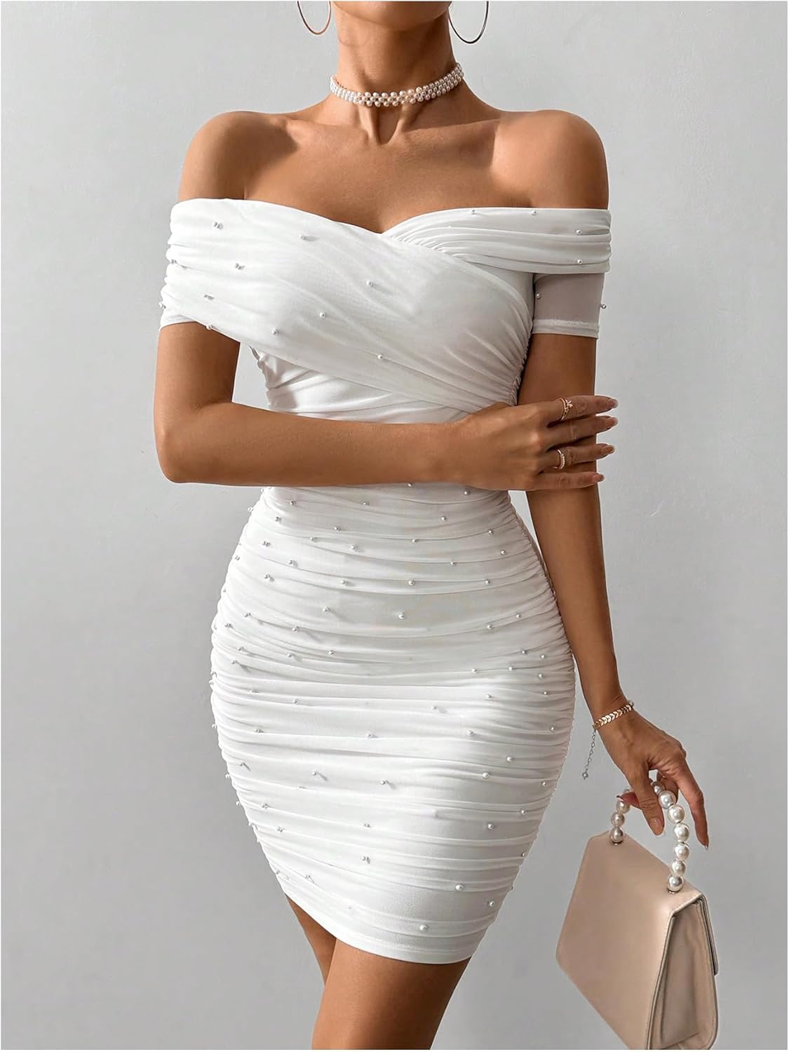 Floerns Women’s Pearl Beaded Off Shoulder Short Dress Short Sleeve Bodycon Party Dresses