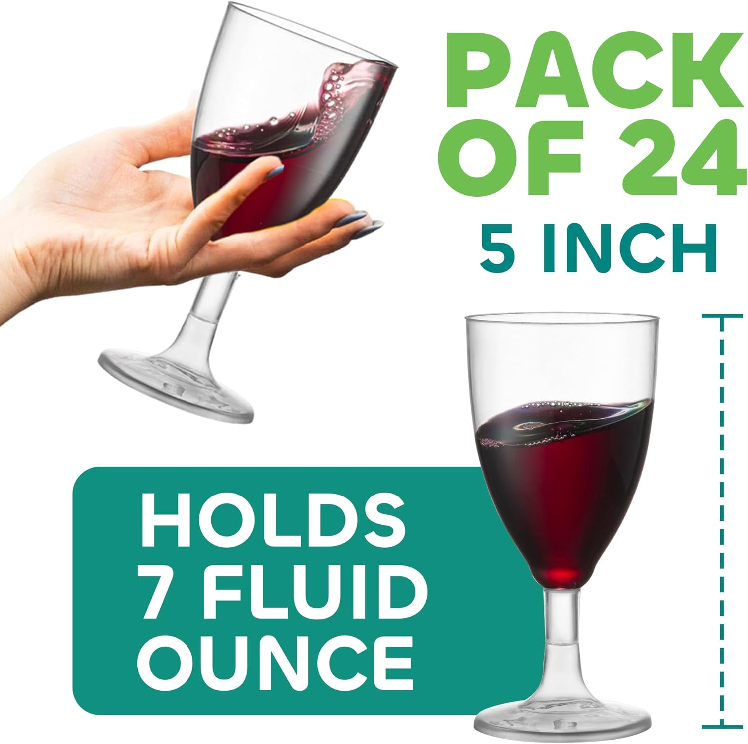 JoyServe 24 Plastic Wine Glasses Disposable – 7 Oz Clear BPA-Free Plastic Glasses with Stem, Reusable Party Wine Cups for Outdoor Parties, Weddings, Toasts, Drinks, Catering (Bulk Pack of 24)