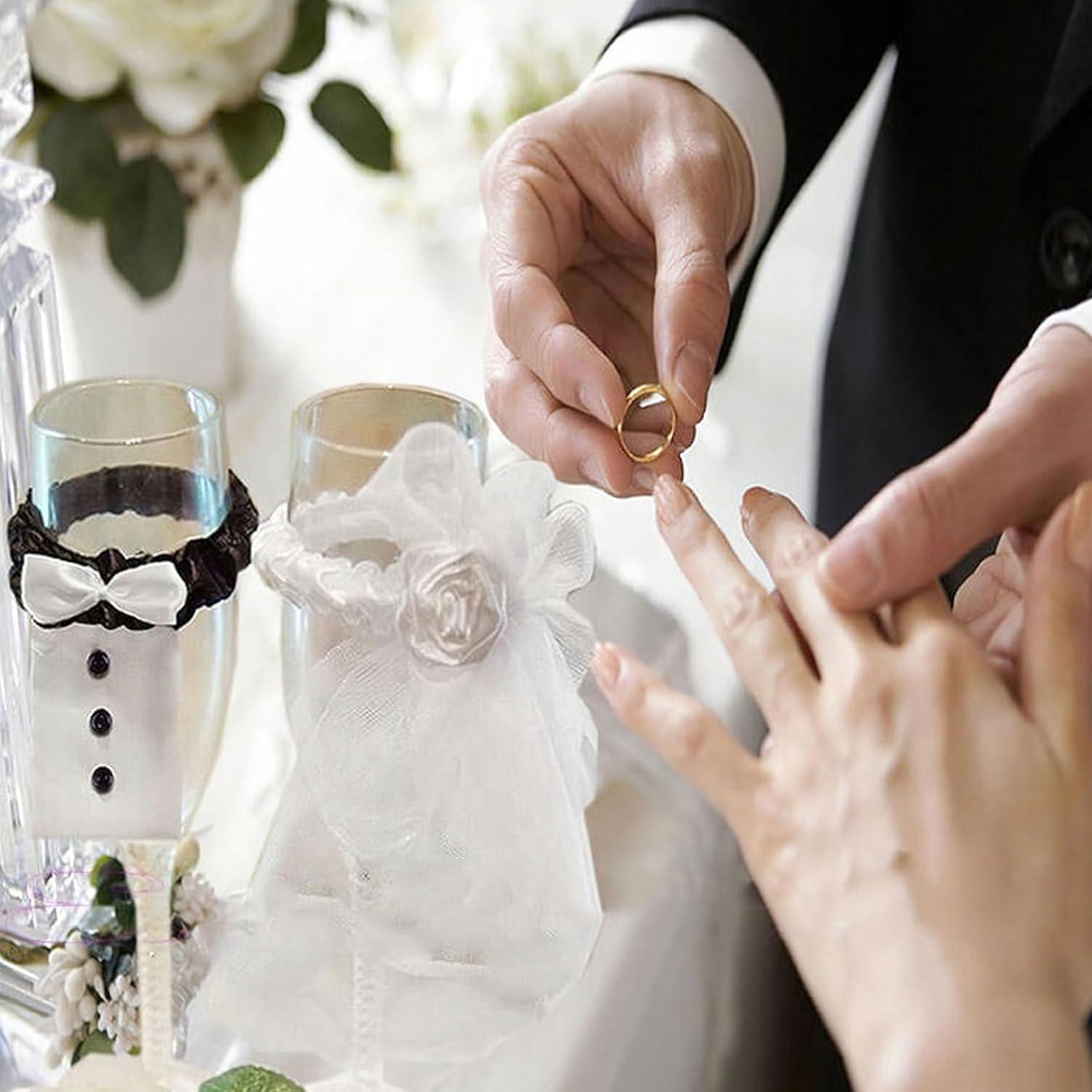 Marriage Bride Groom Dress Wine Cups Wrap Champagne Glass Bottles Cover for Engagement Wedding Party Decoration Ornaments Glass Cup Decoration Valentine’s Day