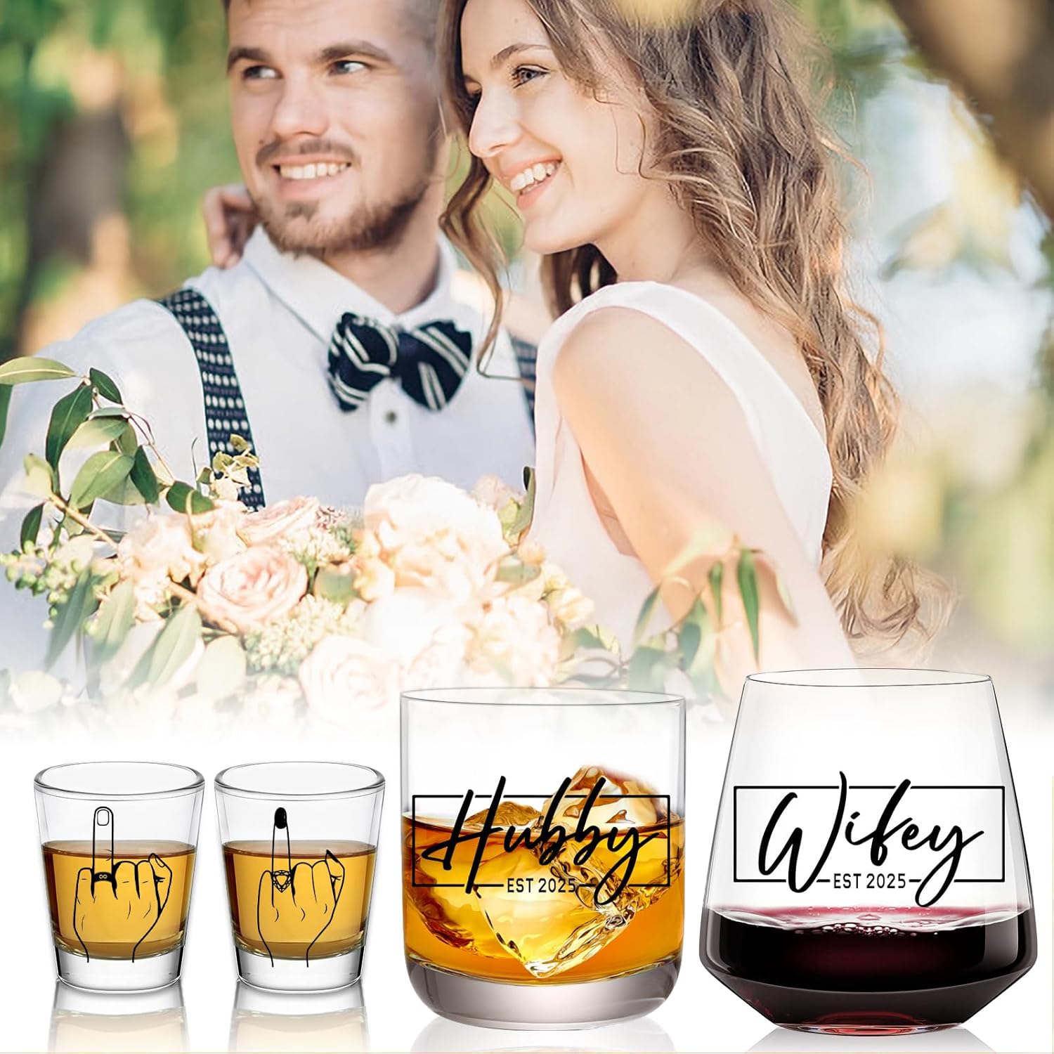 Wedding Gifts 2025 -Hubby & Wifey Wine&Whiskey Glass Set,Mr and Mrs Gifts – Anniversary Wedding Gift for Couple,Unique Bridal Shower Gift,Bride and Groom Shot Glasses