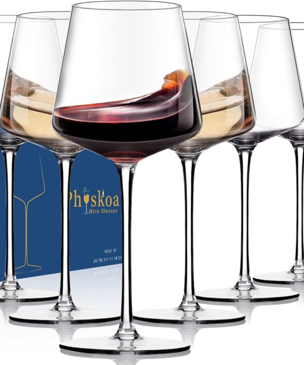 Physkoa Wine Glasses Set 6-18oz-LeadFree Wine Glass with Long Stem,Clear Stemmed Wine GlassesHandBlown Glassware Crystal Wine Gifts for Women Birthday Wedding