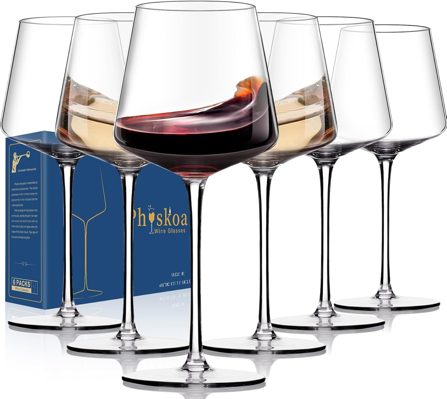 Physkoa Wine Glasses Set 6-18oz-LeadFree Wine Glass with Long Stem,Clear Stemmed Wine GlassesHandBlown Glassware Crystal Wine Gifts for Women Birthday Wedding