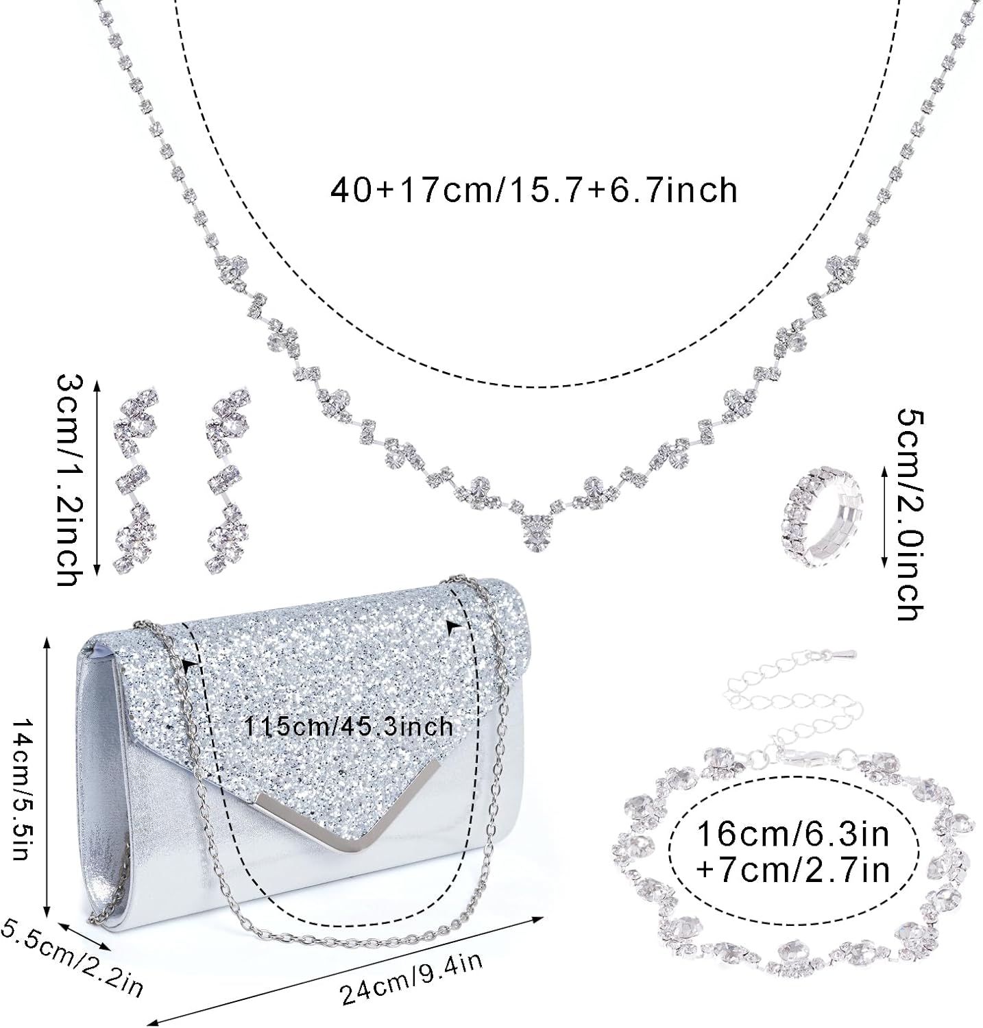 5 Pcs Women Purse Rhinestone Wedding Jewelry Set Crystal Bridal Necklace Bracelet Earrings Ring Clutch Purse Evening Bag Handbag for Brides Bridesmaid Wedding Halloween Evening Party