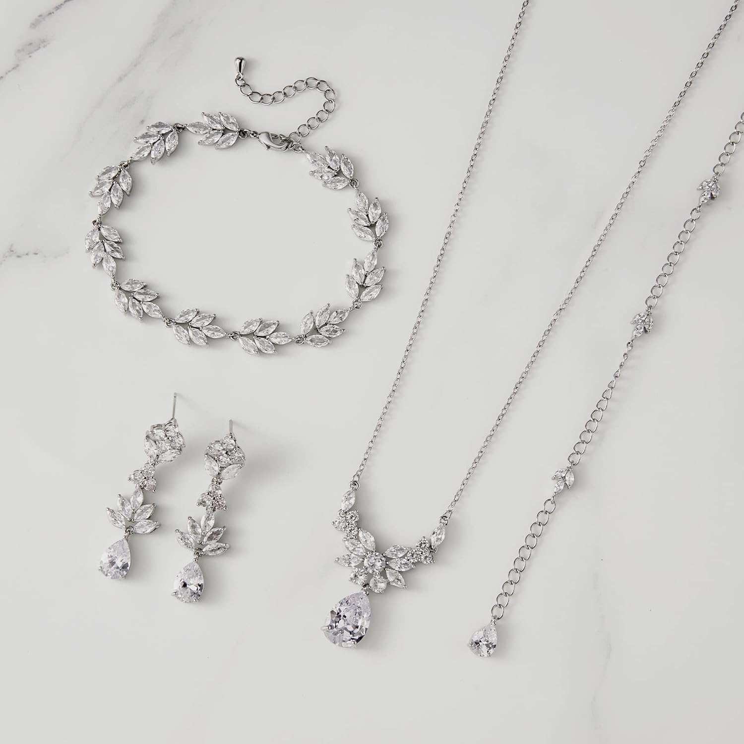 SWEETV Teardrop Wedding Bridal Jewelry Set for Brides Women Bridesmaid, Crystal Rhinestone Backdrop Necklace Earring Sets for Prom