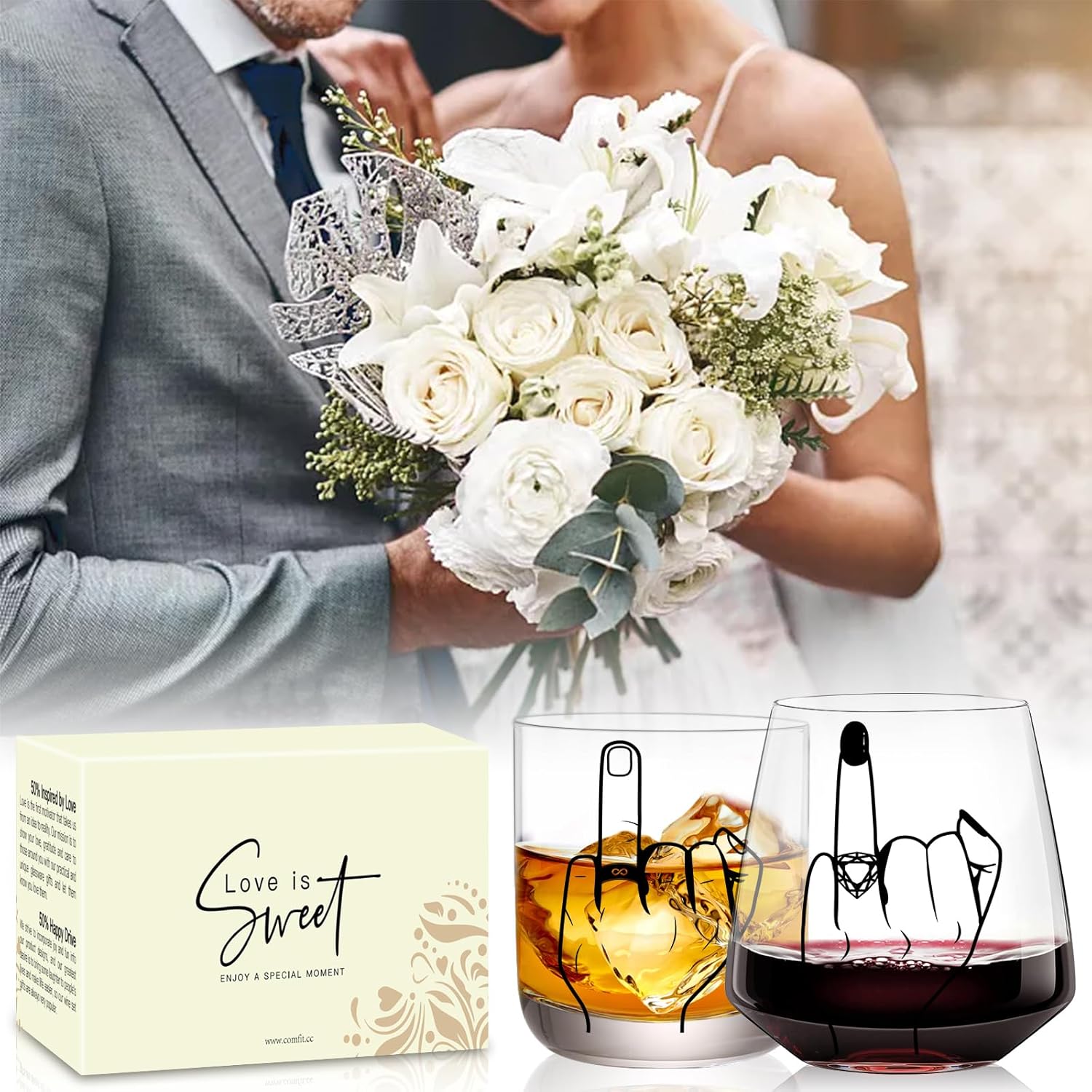 Engagement Gifts for Couple, Ring Finger Wine&Whiskey Glass Set,Bride and Groom Just Married Gift, Mr and Mrs Newlyweds Bridal Shower Gift,Wedding Gifts for Couples 2025