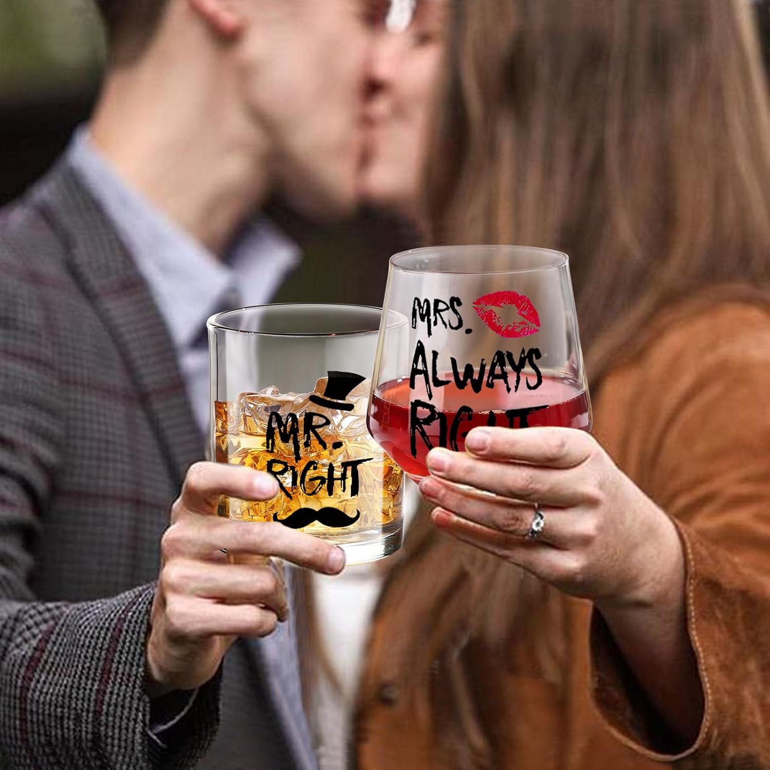 Mr. Right & Mrs. Always Right Whiskey & Wine Glasses – Funny Couple Gifts for Wedding, Anniversary, Valentine’s Day