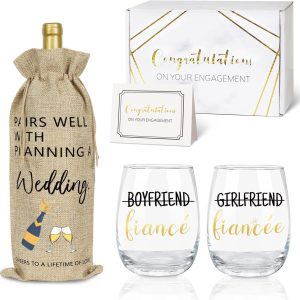 Engagement Gifts for Couples, Boyfriend and Girlfriend Wine Glass Engaged Gift Set with Wine Bag, Fiance Fiancee Gift for Him and Her Bride and Groom, Wedding Bridal Shower Gifts for Newlywed