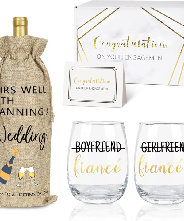 Engagement Gifts for Couples, Boyfriend and Girlfriend Wine Glass Engaged Gift Set with Wine Bag, Fiance Fiancee Gift for Him and Her Bride and Groom, Wedding Bridal Shower Gifts for Newlywed