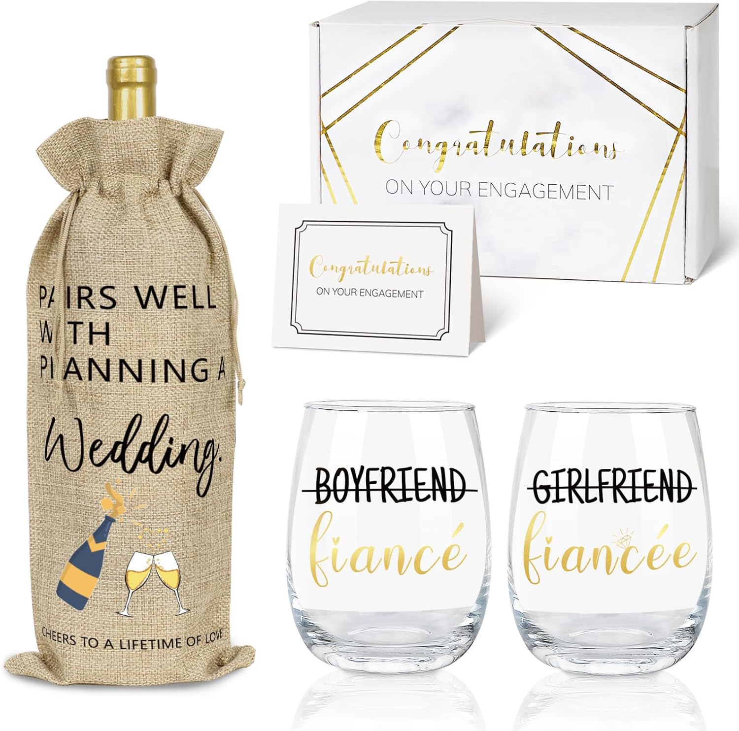 Engagement Gifts for Couples, Boyfriend and Girlfriend Wine Glass Engaged Gift Set with Wine Bag, Fiance Fiancee Gift for Him and Her Bride and Groom, Wedding Bridal Shower Gifts for Newlywed