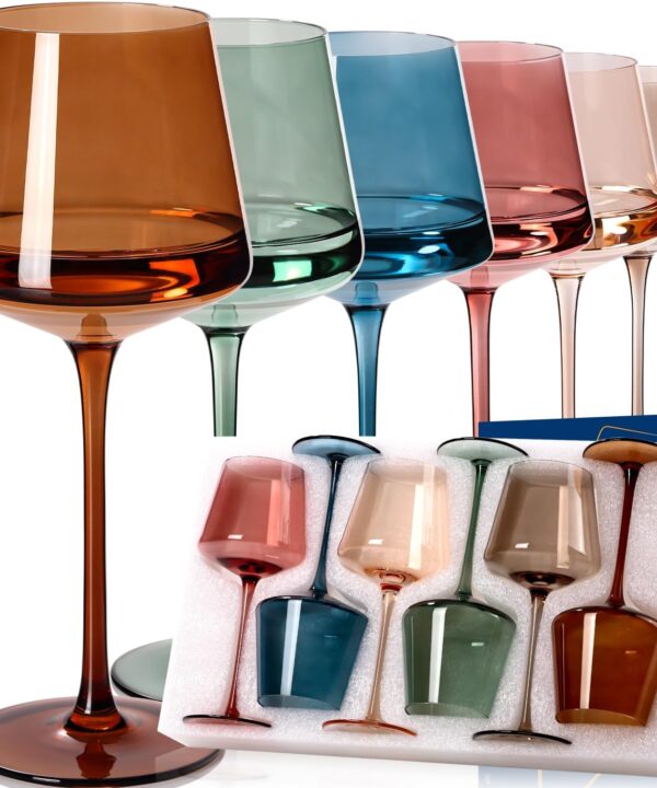 Colored Wine Glasses Set of 6-18ozHand BlownCrystal Colorful Wine Glasses with Stem-Muticolor Wine Glass Wedding gift set for wine lovers Red White Wine Dinner