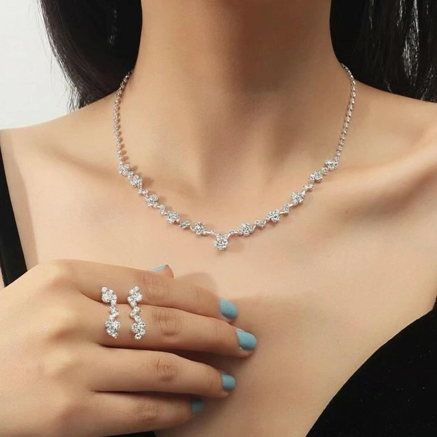 Crystal Wedding Jewelry Set, Silver Necklace Earrings Bracelet Crystal Bridal Wedding Jewelry Sets for Brides Bridesmaid Prom Costume Accessories
