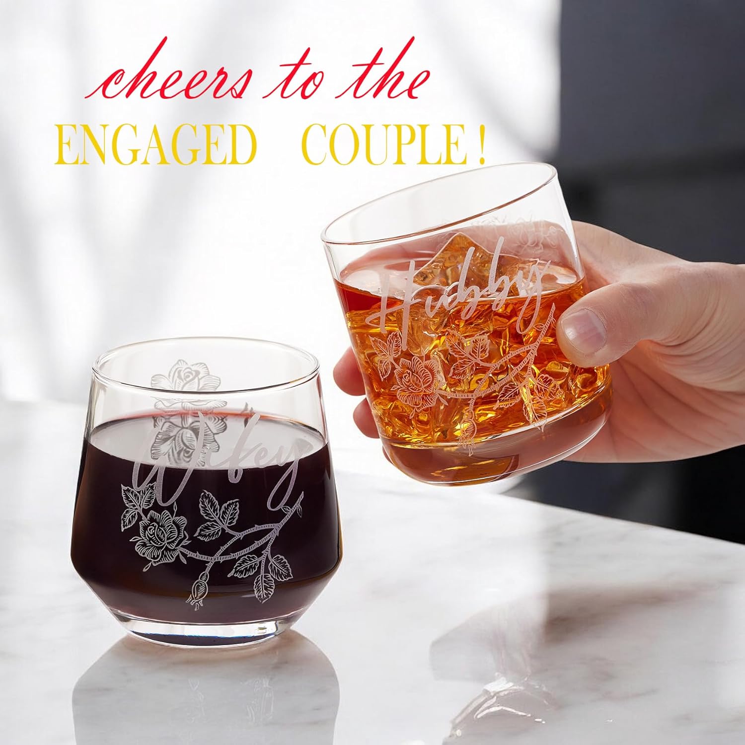 Laser engraving Wedding Gifts for Couples His and Hers Whiskey & Wine Glasses with Glass Ornament | Perfect Bridal Shower, Engagement Gifts for Hubby and Wifey