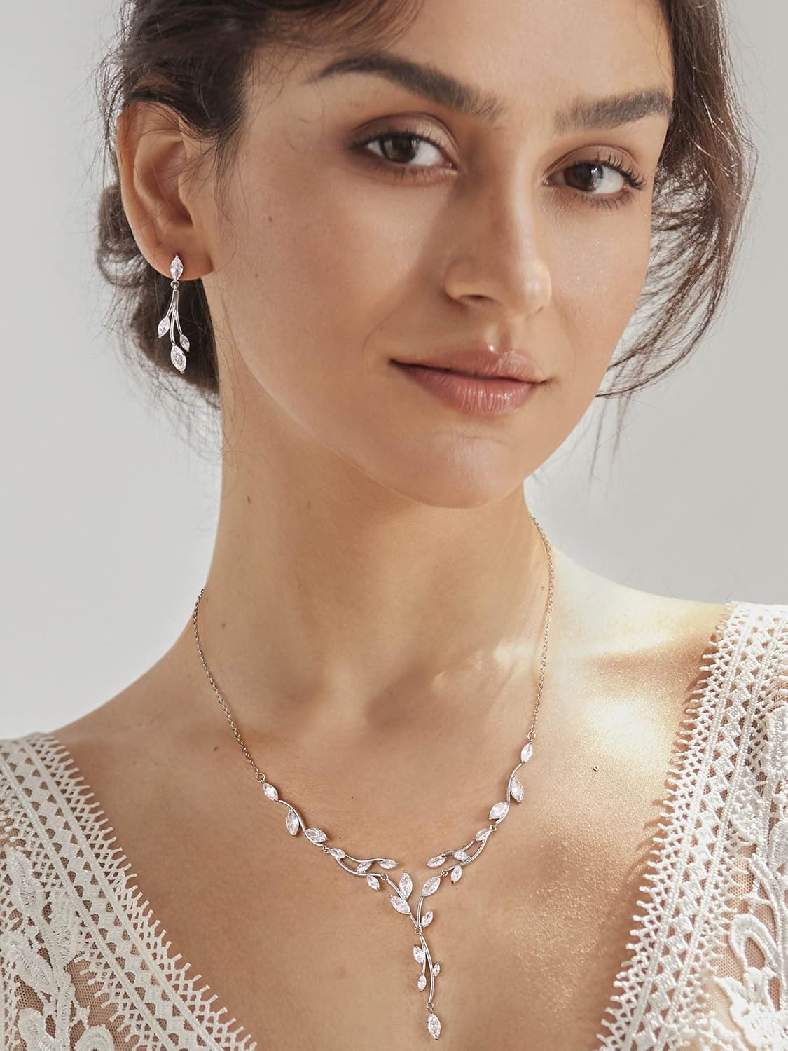 SWEETV Jewelry Set for Women, Cubic Zirconia Marquise Vine Cluster Bridal Earrings and Necklace Set, Bridal Jewelry Set for Wedding Prom