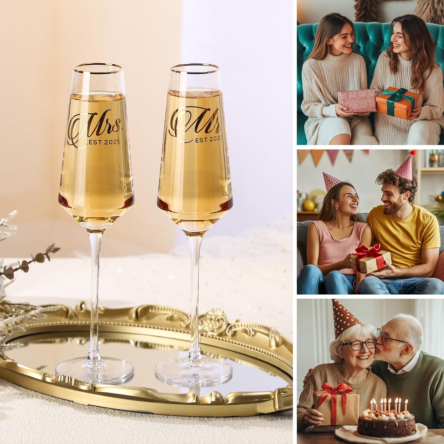 Mr and Mrs Champagne Glasses Set of 2, Long Stem Wedding Champagne Flutes 2025, Bride and Groom Toasting Crystal Glass Set,Engagement Gifts for Couples, Newlyweds, Anniversary,8.5oz