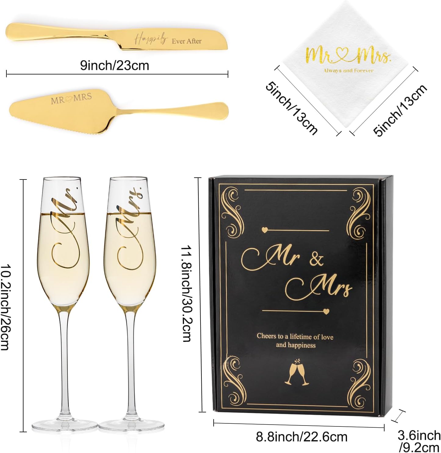 Wedding Cake Knife And Server Set Mr Mrs Champagne Flutes, Bride And Groom Gold Engraved Toasting Glasses With Cocktail Napkins Cake Cutting Set For Wedding, Personalized Engagement Gifts For Couple