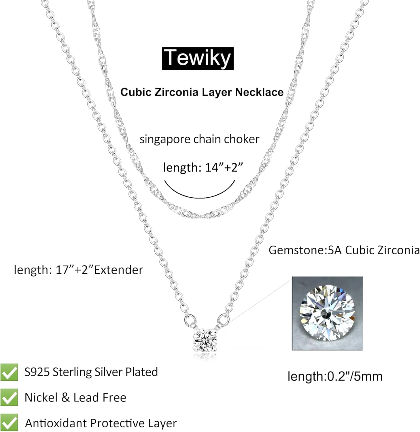 Tewiky Cubic Zirconia Silver Necklaces for Women, Dainty S925 Sterling Silver Choker Necklace Simple CZ Jewelry Necklaces for Women Trendy Gifts
