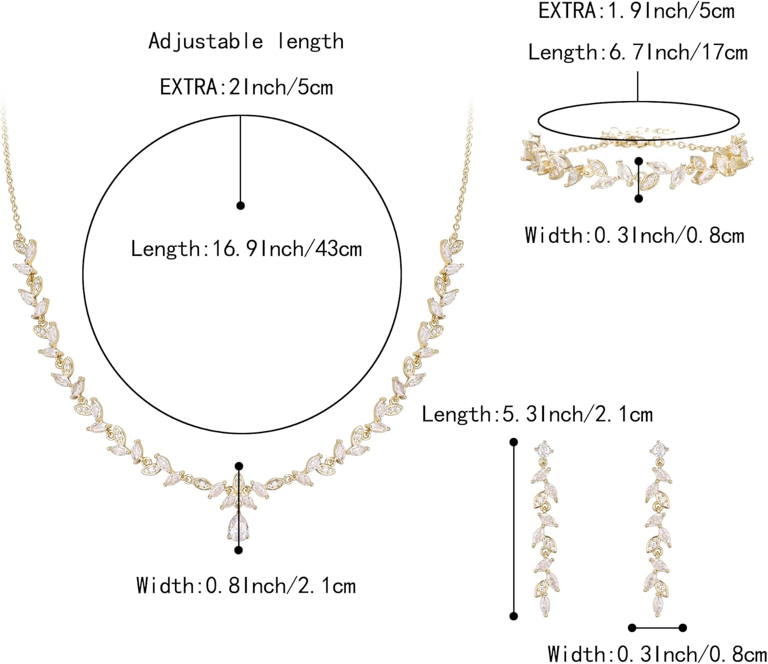 BriLove Wedding Bridal Jewelry for Women Cubic Zirconia Marquise Teardrop Leaf Cluster Y-Necklace Dangle Earrings Link Bracelet Set