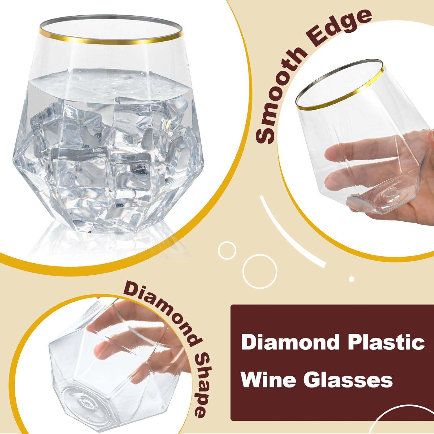 Goodluck 40 PCS Diamond Stemless Plastic Wine Whiskey Glasses, 12 Oz Disposable Cocktail Glasses, Suitable for Weddings, Birthday Parties, Family Gatherings, Bars, etc Gold rimmed cups