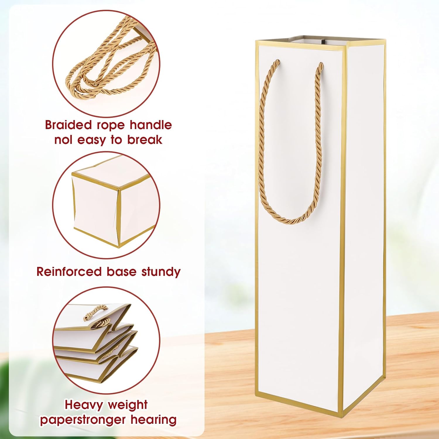 Wine Gift Bags 2 PCS Luxury Wine Bottle Gift Bags, 4″X4″X13.8″ Reusable Liquor Bag with Gold Foil Print, Gold Foil White Wines Bag for Party Wedding Party Anniversary ChampagneBag with Handles