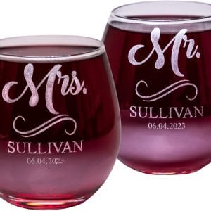 Gifts Inscribed Personalized Mr and Mrs Wine Stemless Glass Set of 2 Custom Engraved Wedding Stemless Wine Glasses Gift for Couples, Engagement, Birthday, or Anniversary
