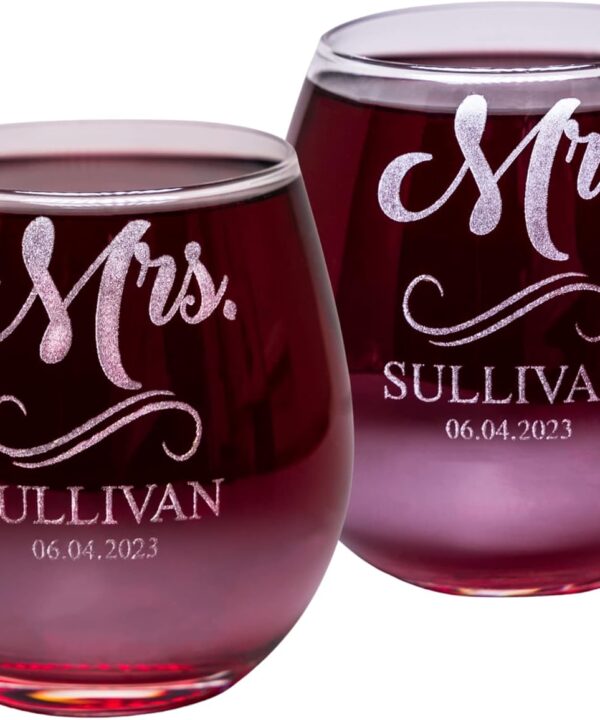Gifts Inscribed Personalized Mr and Mrs Wine Stemless Glass Set of 2 Custom Engraved Wedding Stemless Wine Glasses Gift for Couples, Engagement, Birthday, or Anniversary