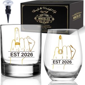 Ring Finger Wine Glass Set for Bride Groom - His & Hers Mr and Mrs Toasting Cups with Ring Design, Funny Wedding Gift for Couples Engagement Bridal Shower Anniversary - 305