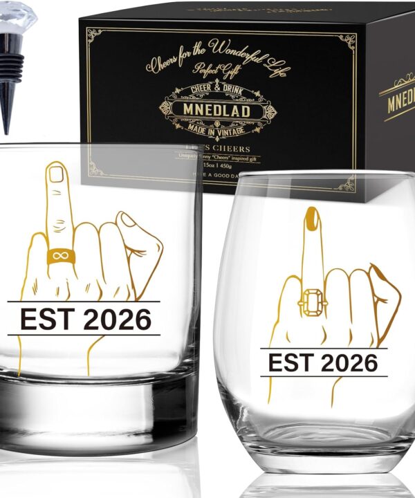 Ring Finger Wine Glass Set for Bride Groom - His & Hers Mr and Mrs Toasting Cups with Ring Design, Funny Wedding Gift for Couples Engagement Bridal Shower Anniversary - 305