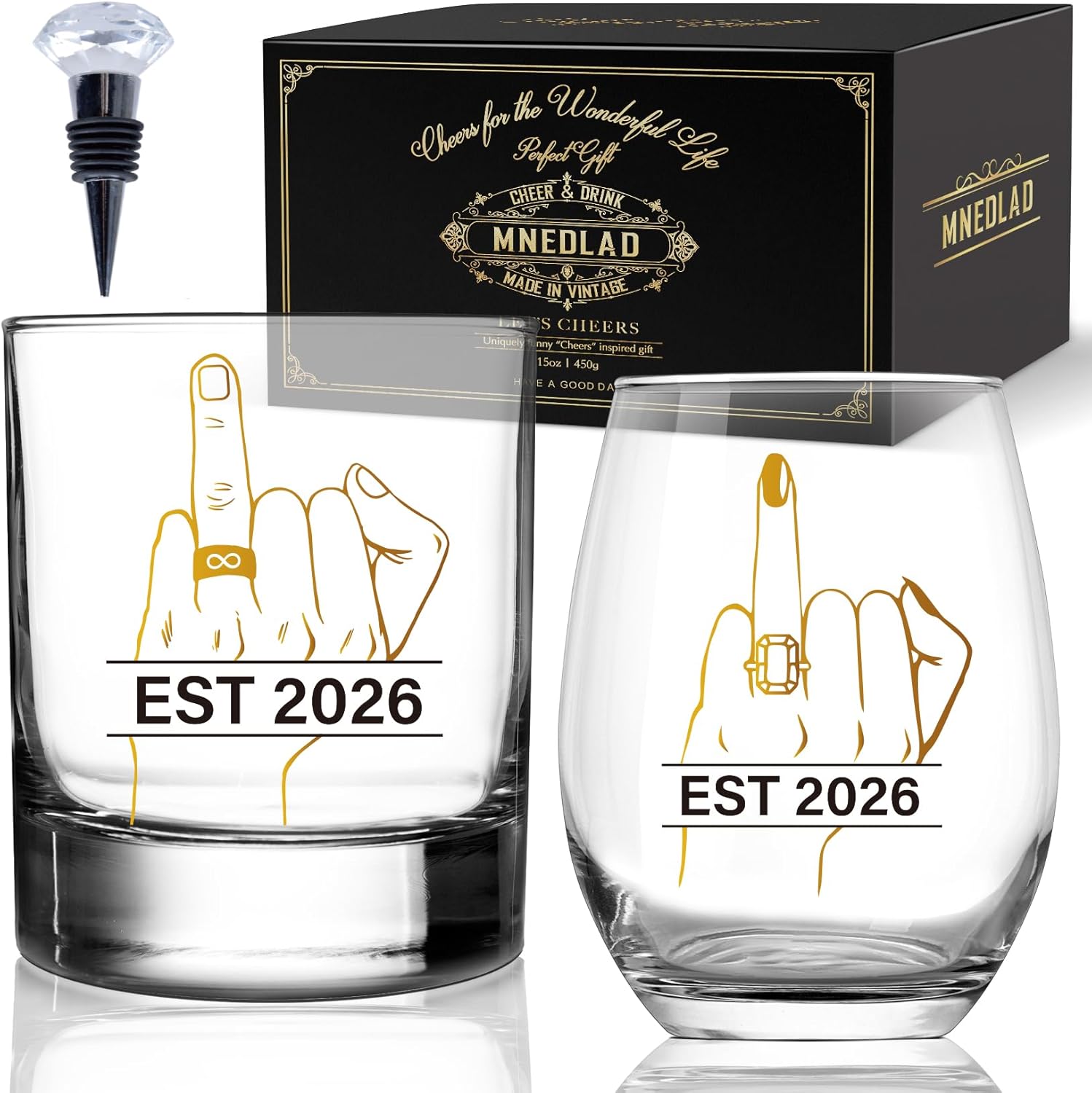 Ring Finger Wine Glass Set for Bride Groom - His & Hers Mr and Mrs Toasting Cups with Ring Design, Funny Wedding Gift for Couples Engagement Bridal Shower Anniversary - 305