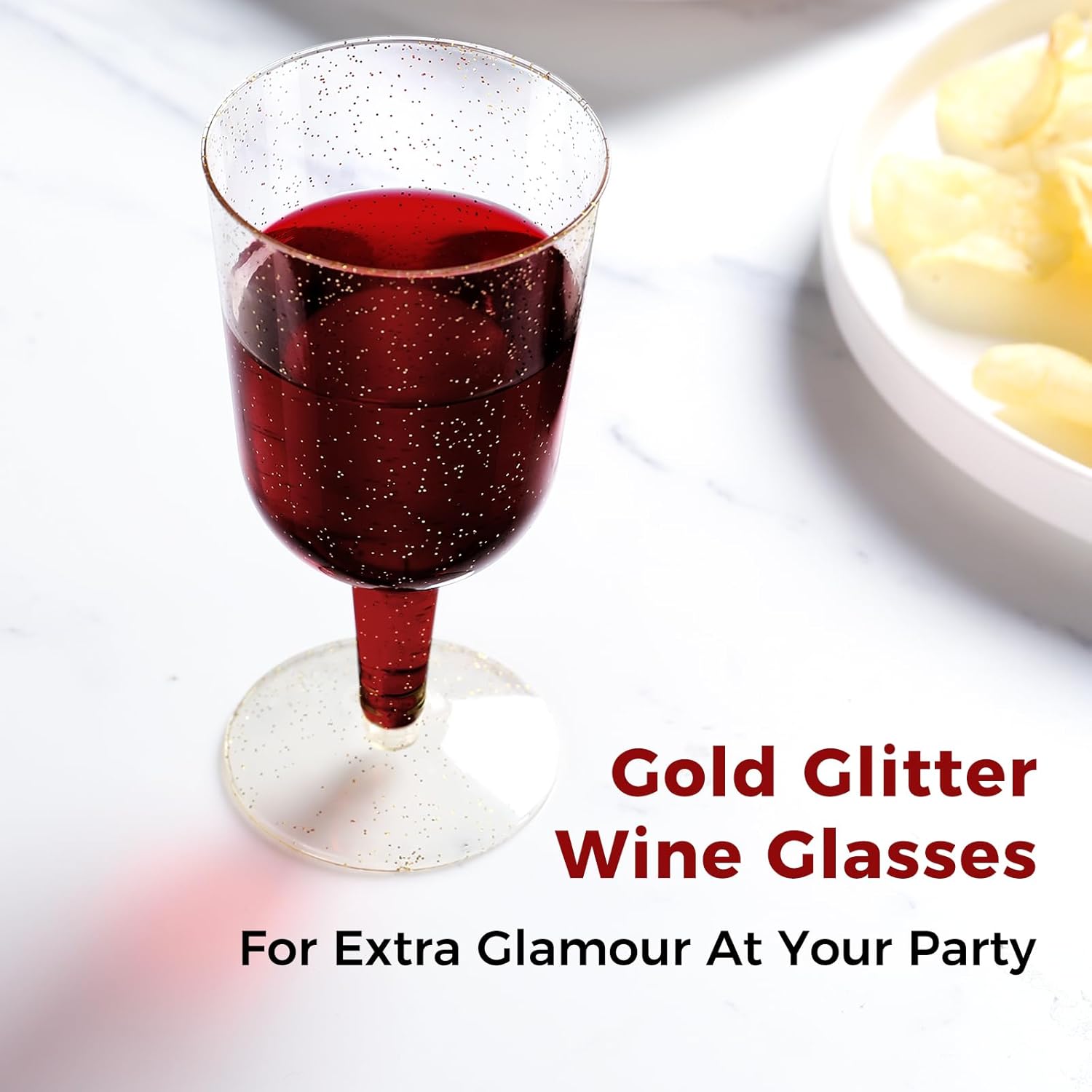 30 Pack 6oz Plastic Wine Glasses Disposable Gold Glitter Mini Stemware with Removable Base for Weddings, Parties, Champagne, Toasting