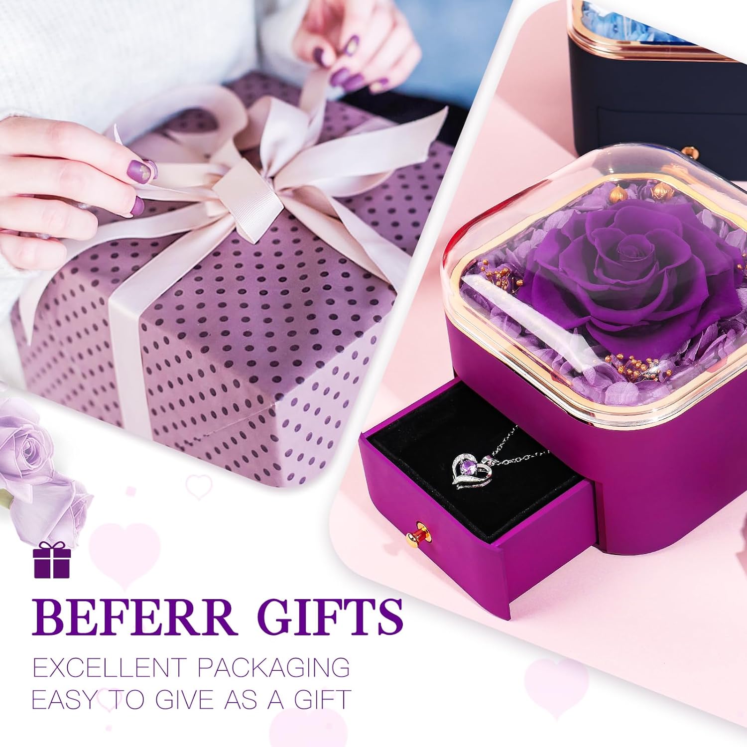 Beferr Gifts for Women Mom Preserved Rose Forever Flower with Necklace Fresh Flowers for Delivery Prime Birthday Gifts for Wife Sister Grandma Christmas Anniversary Eternal Purple Roses