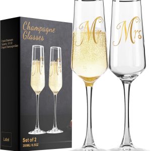 Mr and Mrs Champagne Flutes Set of 2, Elegant Crystal Engagement Gifts for Couples, Bridal Shower Gifts, Lead-Free Champagne Glass 8.5oz/250ml