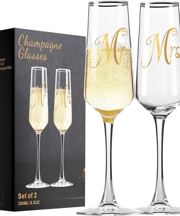 Mr and Mrs Champagne Flutes Set of 2, Elegant Crystal Engagement Gifts for Couples, Bridal Shower Gifts, Lead-Free Champagne Glass 8.5oz/250ml