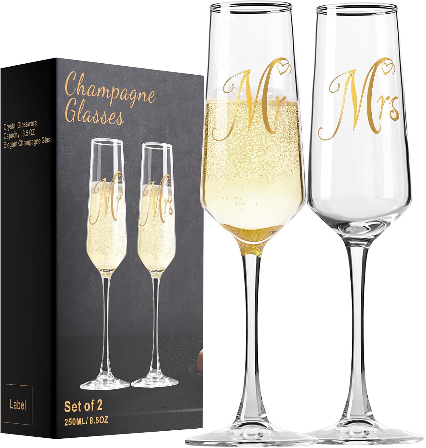 Mr and Mrs Champagne Flutes Set of 2, Elegant Crystal Engagement Gifts for Couples, Bridal Shower Gifts, Lead-Free Champagne Glass 8.5oz/250ml