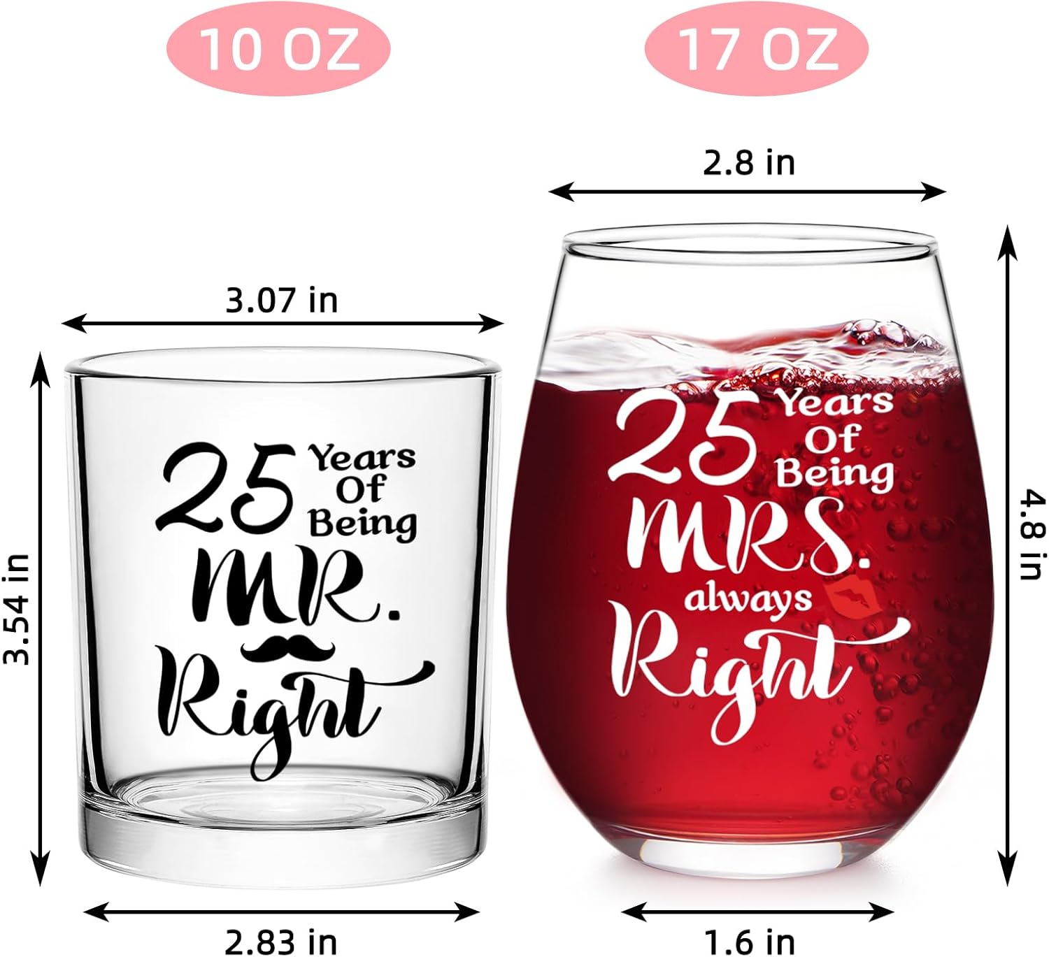 Futtumy 25th Anniversary Glass Gifts Set, 25 Years of Being Mr Right & Mrs Always Right 17oz Wine 10oz Whisky Glass, 25th Wedding Anniversary for Wife Husband Couple Parents Grandparents Friends