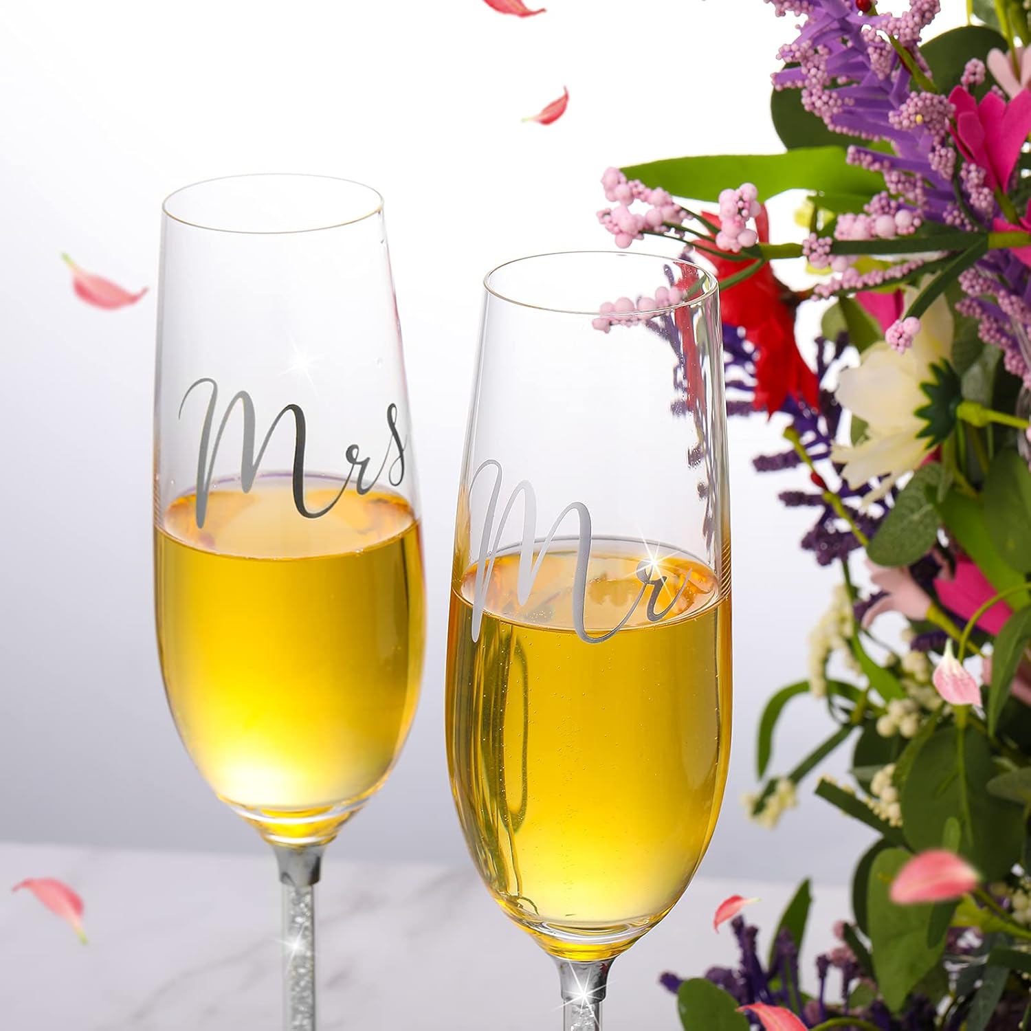 4 Piece Wedding Cake Knife and Champagne Flutes Server Set Mr and Mrs Toasting Flutes Crystal Rhinestone Cake Cutting Set for Bride and Groom Wedding Engagement Bridal Shower Gifts(Silver)