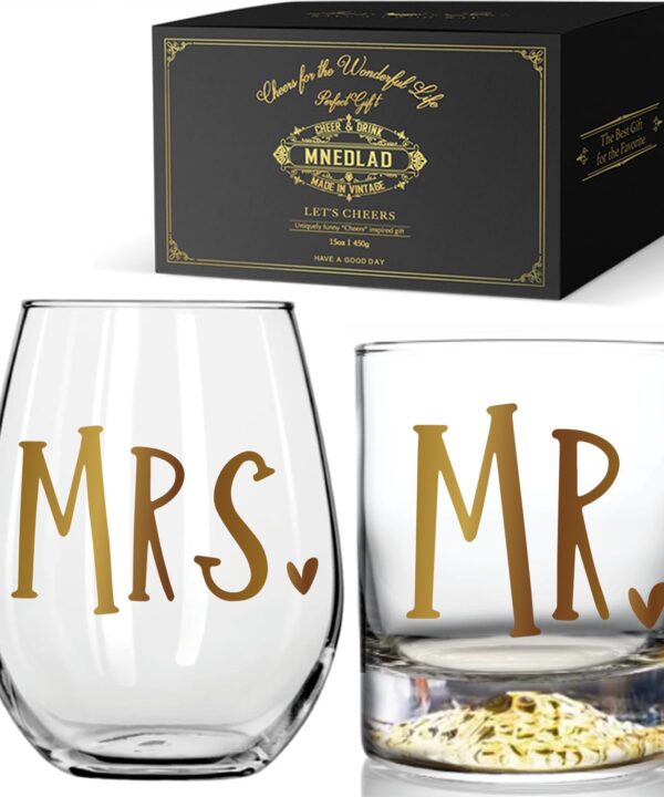 Mr Whiskey Glass and Mrs Wine Glass Gift Set, Wedding Gift Glass Set For His and Hers Anniversary Engagement Gifts for Him and Hers, Gift for Couples and Newlyweds - Husband and Wife-215