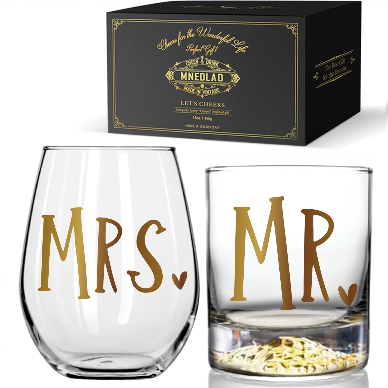 Mr Whiskey Glass and Mrs Wine Glass Gift Set, Wedding Gift Glass Set For His and Hers Anniversary Engagement Gifts for Him and Hers, Gift for Couples and Newlyweds - Husband and Wife-215