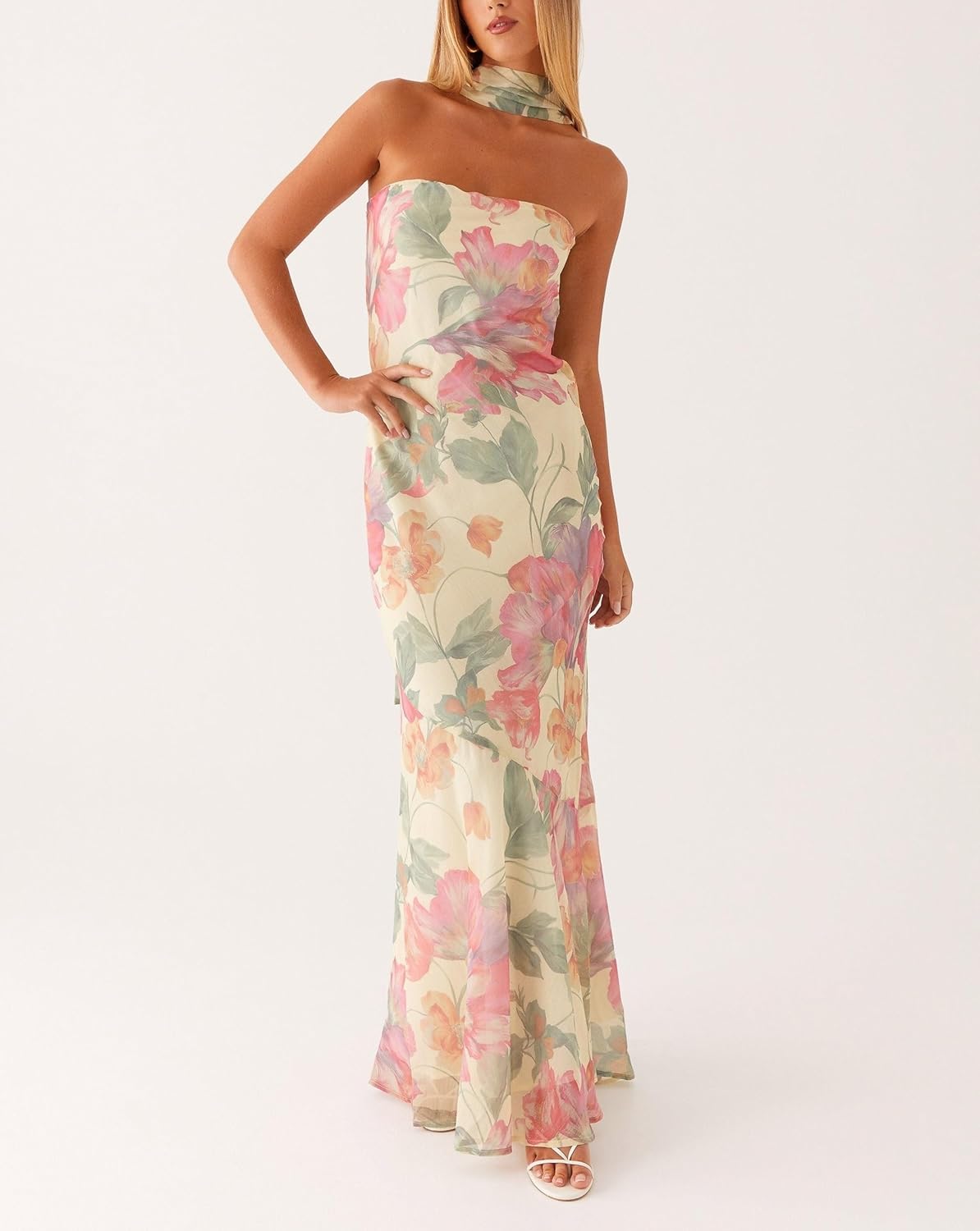 Women Strapless Floral Dress with Sarf Mesh Tube Maxi Dress Summer Cocktail Wedding Guest