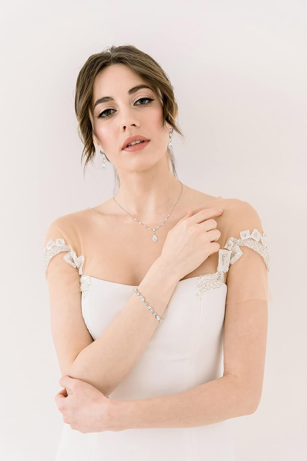 SWEETV Bridal Jewelry Set for Wedding, Cubic Zirconia Necklace Dangle Drop Earrings Bracelet Set, Teardrop Marquise Brides Bridesmaids Wedding Prom Anniversary Jewelry Gifts for Women