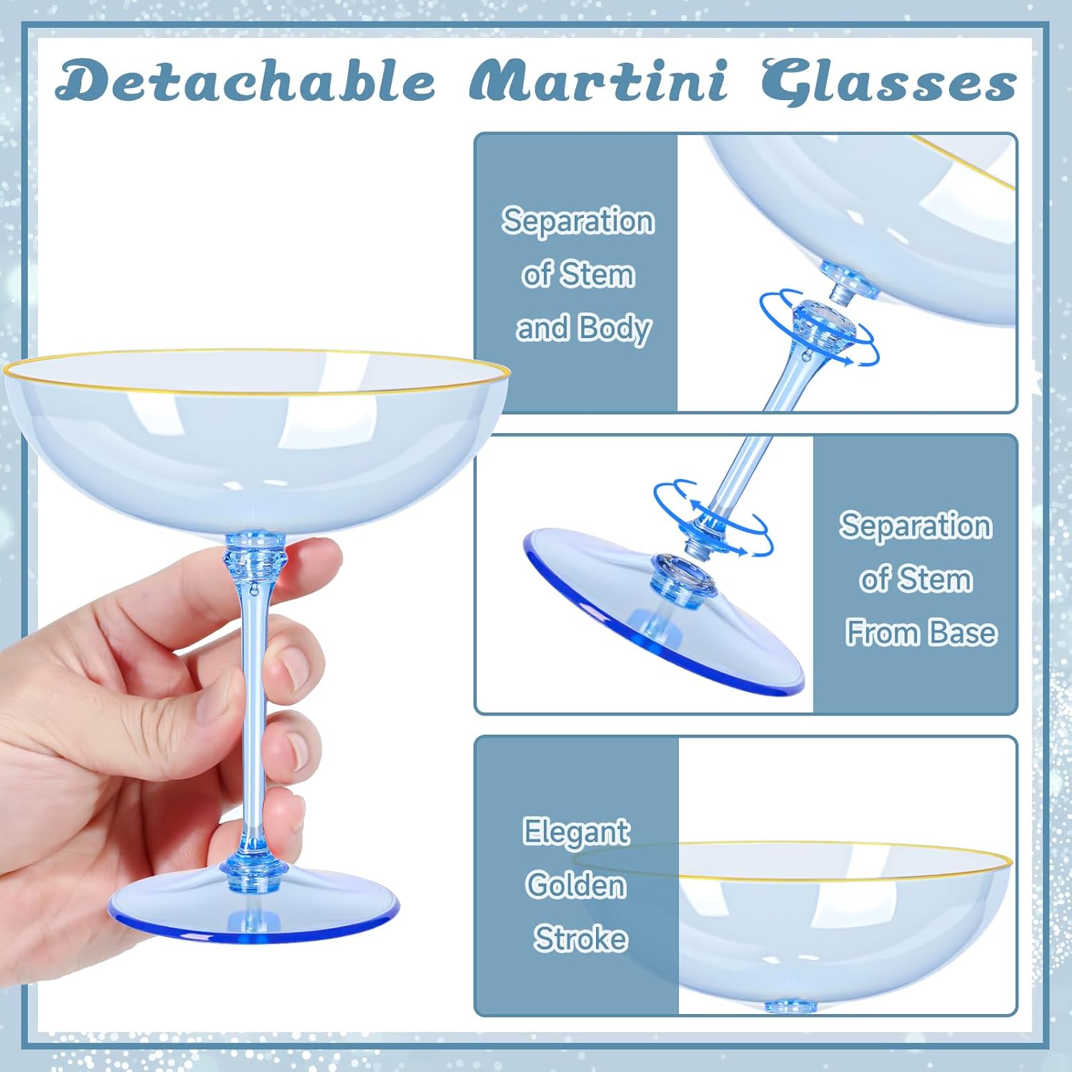 Detachable Martini Glasses 9oz Plastic Blue Champagne Coupe Glasses Gold Rim Hand Blown Vintage Cocktail Glassware Set Unique Martini Glass For Wine Wedding (24, Clear Blue)